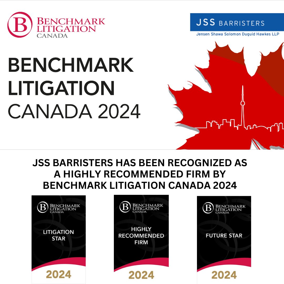 JSSBarristers's tweet image. We are proud to share that JSS Barristers has been recognized as a “Highly Recommended Firm” this year. 12 partners have been recognized as “Litigation Stars” and one counsel has been recognized as a “Future Star”.

Learn more: rfr.bz/tlc7197

#BenchmarkLitigationCanada
