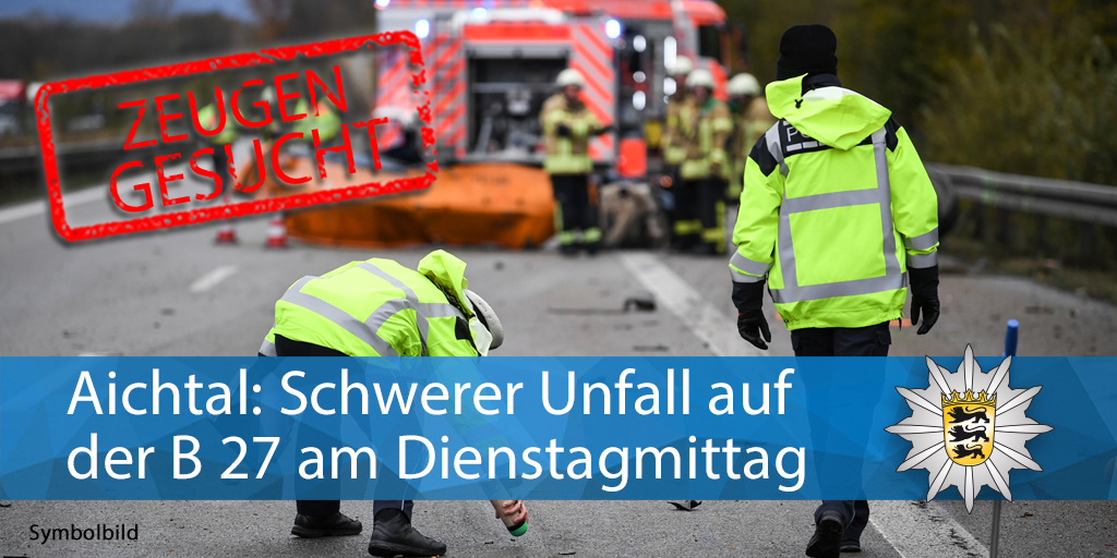 🚗💥🚗🚑

#Zeugensuche nach schwerem #Unfall am Dienstagmittag auf der #B27 bei #Aichtal mit zwei Verletzten:

Ein #BMW kollidierte mit einem #Skoda, überschlug sich und rutschte über 250 Meter, bis er auf dem Dach liegen blieb.

Alle Infos: presseportal.de/blaulicht/pm/1…