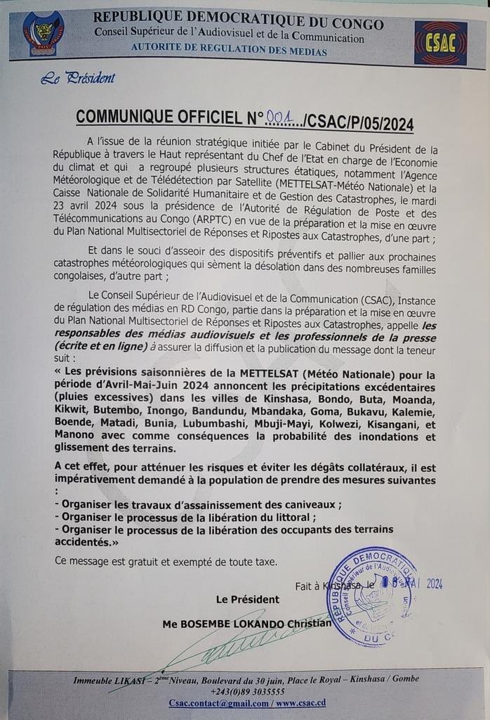En prévision des pluies « excessives » qui vont s’abattre dans 20 villes de la @RDC dont Kinshasa en Mai et Juin, l’Etat se décharge et lance un appel aux populations. Communiqué