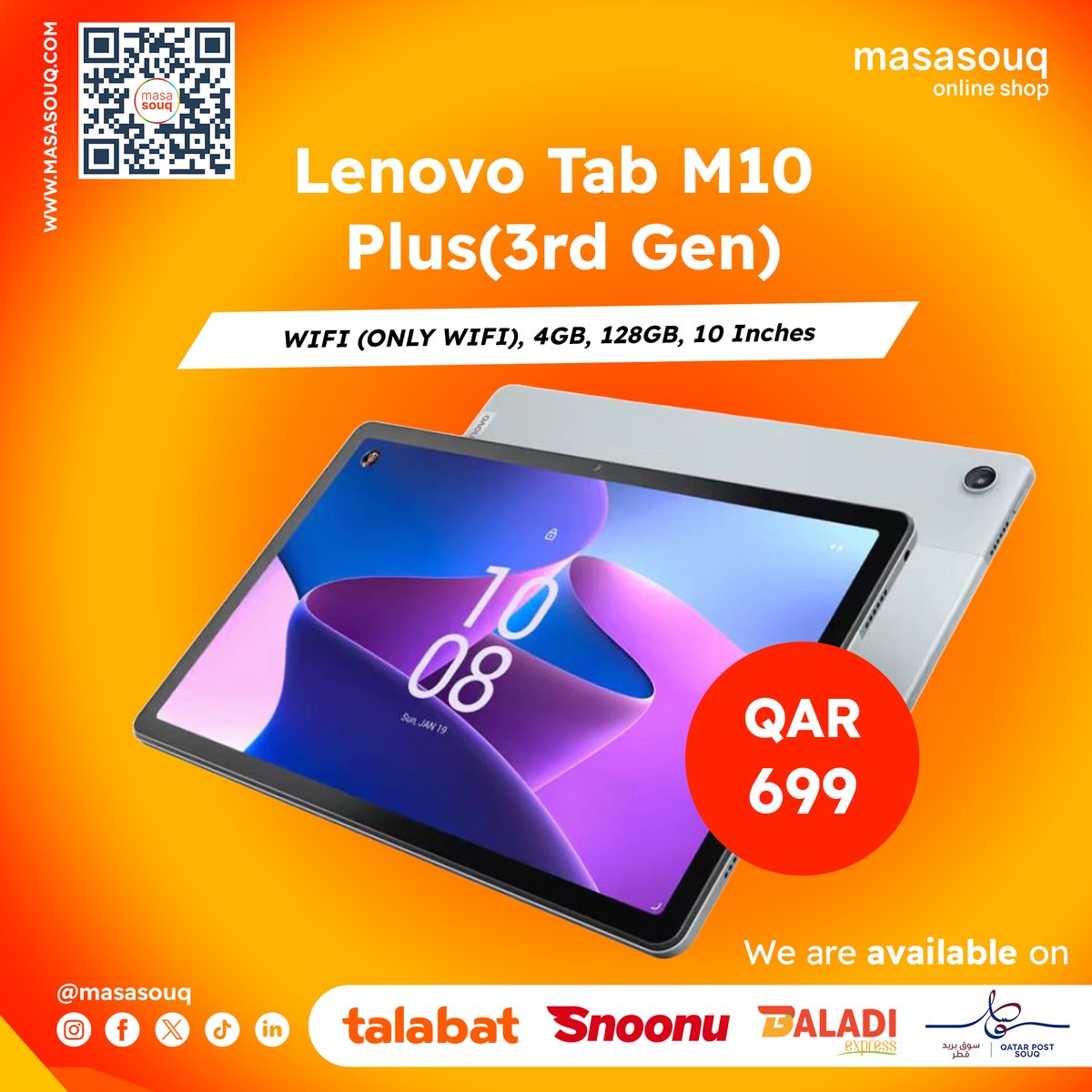 Upgrade your on-the-go experience! The Lenovo Tab M10 Plus boasts a sleek design, powerful processor, and immersive display.  Yours for QAR699! #Lenovo #tablet #entertainment #productivity #Masasouq 🤩

Order link: masasouq.com/lenovo-tab-m10…