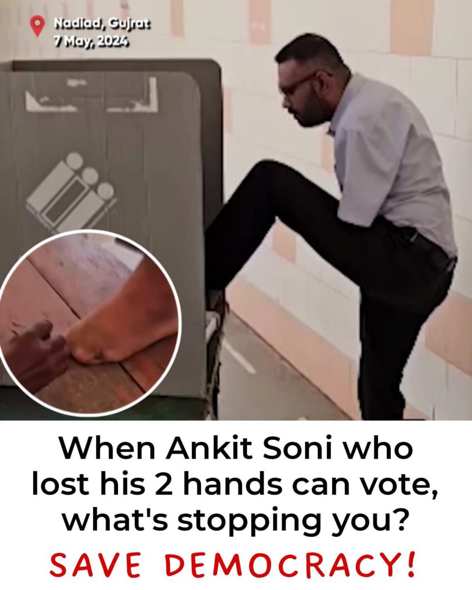 Ankit Soni, a voter who lost both his hands, casts his vote through his feet. His message is clear: every vote counts. Let's vote to preserve democracy. #IWCforNyay #Vote4INDIA