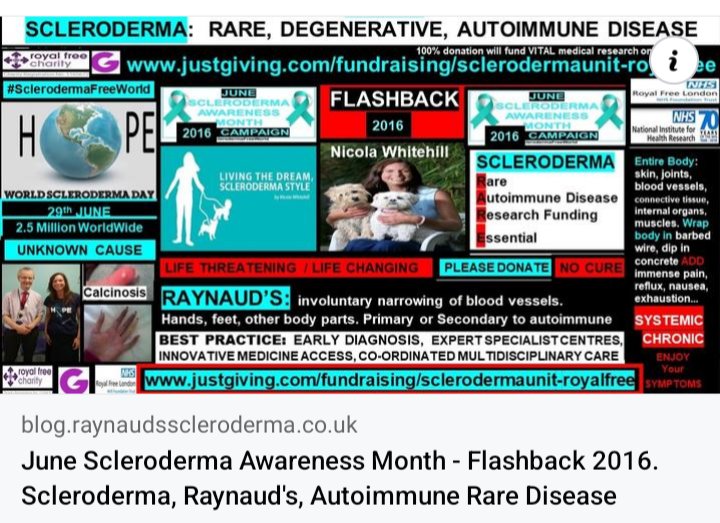 June #SclerodermaAwarenessMonth
Flashback 2016: 
blog.raynaudsscleroderma.co.uk/2017/05/june-s…
2024, I will have spent over half of my life, 27 years, living with a scleroderma (systemic sclerosis) and Raynaud's diagnosis, and all that entails. royalfreecharity.org/news/fundraisi…
#SclerodermaFreeWorld
#research