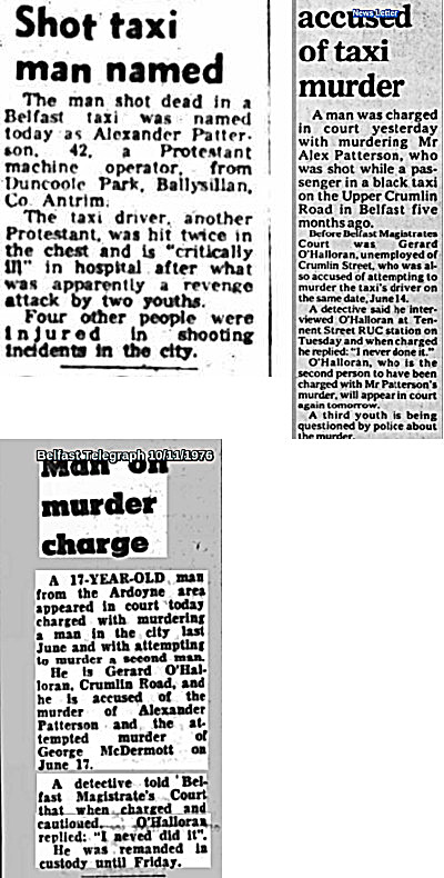 OnThisDayPIRA's tweet photo. #OnThisDay in 1976 the IRA murdered Alexander Patterson, 42. Protestant machine operator shot Crumlin Rd/Hesketh Rd while passenger in black taxi. Driver permanently injured. Probable reprisal. Described: "entirely innocent". Soldier followed murderers. O`Halloran in court. #OTD https://t.co/2z8Qy5Uly7
