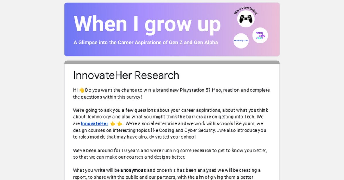 With my @innovateheruk ambassador hat on, I'm asking if you can please share this survey with 11-16 year olds/teachers or parents of this age group. Feedback is so they can can tailor support for this age group to their #careeraspirations. Many thanks 🙏 buff.ly/4bv8fwm