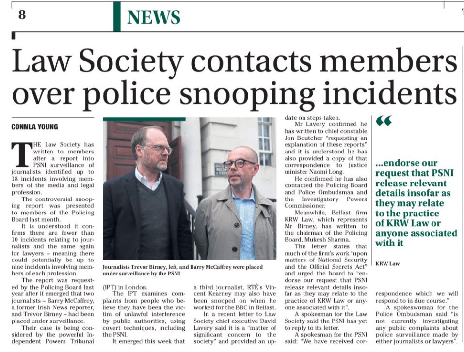 Today @amnesty are at court for the latest hearing on covert surveillance of journalists by the Police Service of Northern Ireland (PSNI) Last week @LawSociety_NI ⁦wrote to its members after 18 covert incidents were identified involving members of the media & legal professions