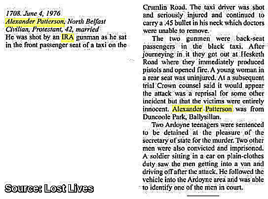 OnThisDayPIRA's tweet photo. #OnThisDay in 1976 the IRA murdered Alexander Patterson, 42. Protestant machine operator shot Crumlin Rd/Hesketh Rd while passenger in black taxi. Driver permanently injured. Probable reprisal. Described: "entirely innocent". Soldier followed murderers. O`Halloran in court. #OTD https://t.co/2z8Qy5Uly7