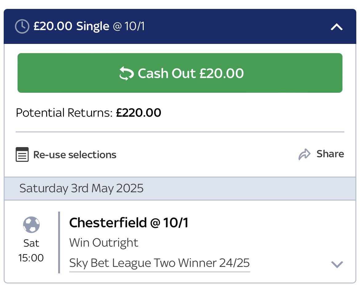 Getting 10/1 whilst I can!! 🤞🏻🏆

#Spireites | #ChesterfieldFC