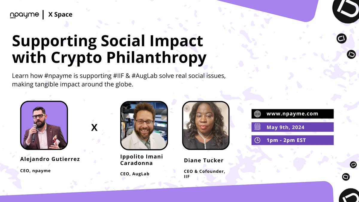 Join us with @iif_inc and auglab.org to discuss how crypto can be used for philanthropy ✅ We look forward to welcoming Diane back onto our X spaces🎤 Set a reminder. 👉 x.com/i/spaces/1odjr…