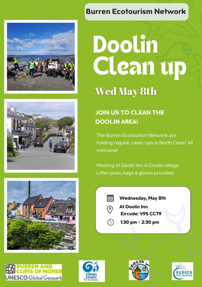 As part of Burren Wellness month, we have organised 2 cleanups. The first is today the 8th May in Doolin the next in Liscannor on the 10th May. All Welcome #burrenwellness #sustainability #cleanups