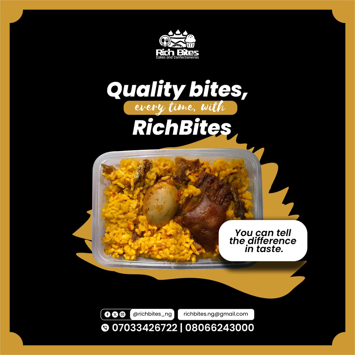 richbites_ng's tweet photo. 🌟 Indulge in Quality Bites, Every Time with Richbites! 

Trust Richbites to delight your taste buds every time. 😋

📱 Connect with us on Social Media:
Facebook, Instagram: @richbites_ng

📞 Call us at: 07033426722

Experience the richness today! #Richbites #QualityBites  🍔🍟🍰 https://t.co/oUsRDEJCm9