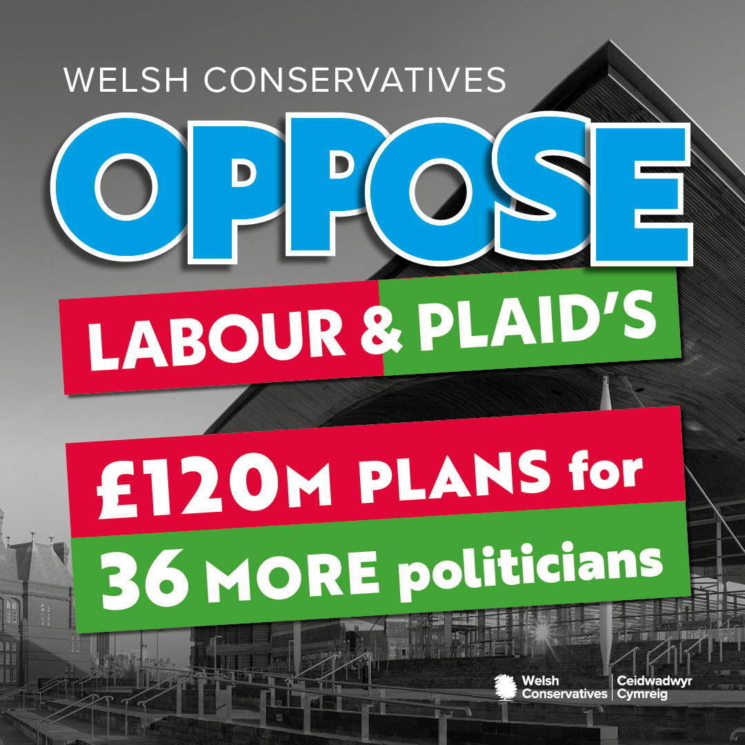 🗳️ I will be voting against Labour & Plaid's plans to expand the Welsh Parliament today 💷 Instead of spending £120m on 36 extra politicians, that money should be spent in areas like health & education 🏴󠁧󠁢󠁷󠁬󠁳󠁿 Wales needs more doctors, nurses, teachers & dentists - not politicians!