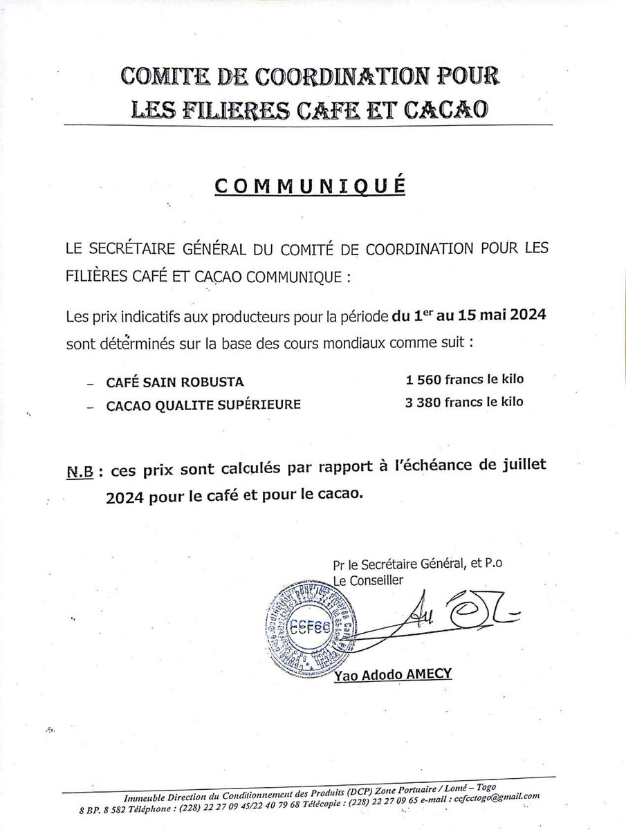 🎯 Prix indicatifs aux producteurs de café et cacao 

Période : 1er au 15 mai 2024

#Denyigban
#Togo🇹🇬
#CCFCCTg