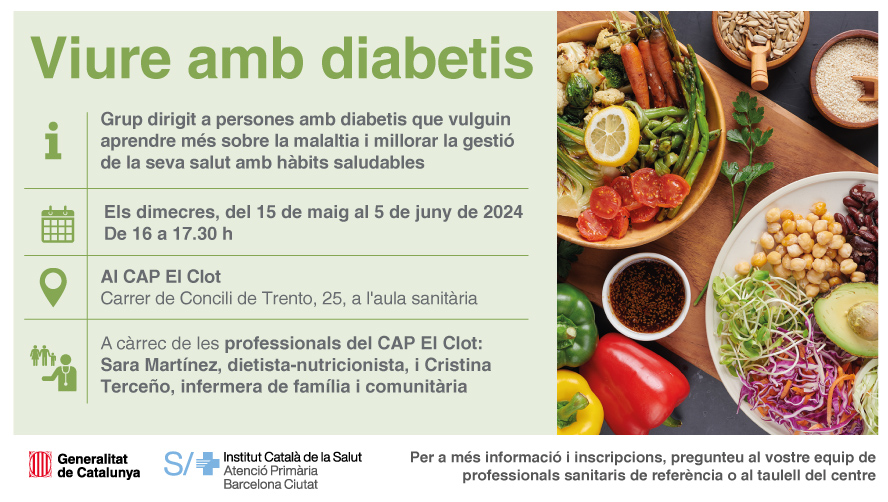 Si vols aprendre com gestionar millor la diabetis a través de l'alimentació i els hàbits saludables, apunta't a aquest grup del #CAPElClot 👇 ▶️ Els dimecres, de 16 a 17.30 h ▶️ Del 15 de maig al 5 de juny