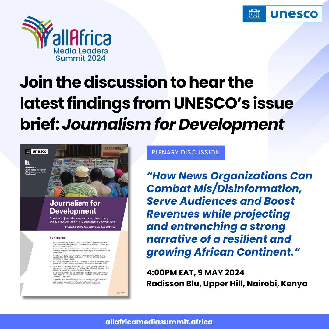 ❗️📰 Support for media viability & high quality journalism remains an important bulwark against the rise of mis & disinformation.

Join us at the #AllAfricaMediaSummit2024 tomorrow as we share latest findings from @UNESCO's  Journalism for Development issue brief. #MediaForChange