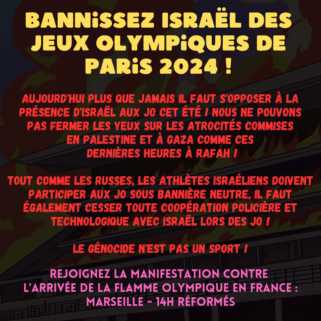 🔴Bannissez #Israel des #JeuxOlympiques de #Paris2024 ➡️Manifestation contre l'arrivée de la #FlammeOlympique en #France : #Marseille - 14h Réformés #BanIsrael #Palestine #FreePalestine #GazaGenocide #RafahUnderAttack #JOP2024 #JOParis2024 #JO2024 #OlympicGames #ParisOlympics