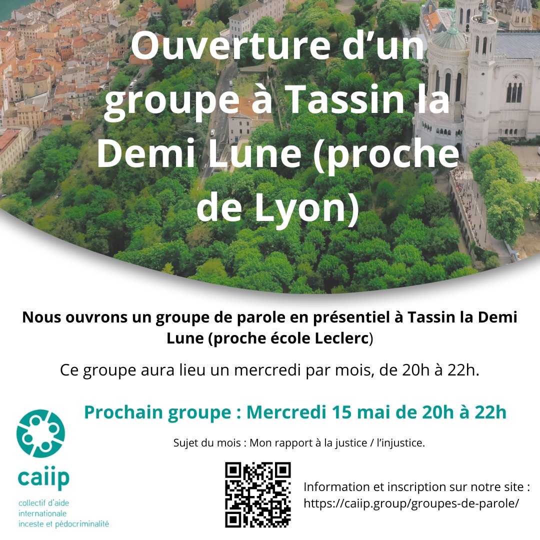 CaiipOrg's tweet image. L'équipe du Caiip est heureuse de vous annoncer une nouvelle ouverture de groupe ! A Tassin, à 8 km de Lyon, un groupe aura lieu le mercredi soir, à partir de la semaine prochaine !
Vous pouvez vous y inscrire sur notre site internet, en adhérant gratuitement à l'association !