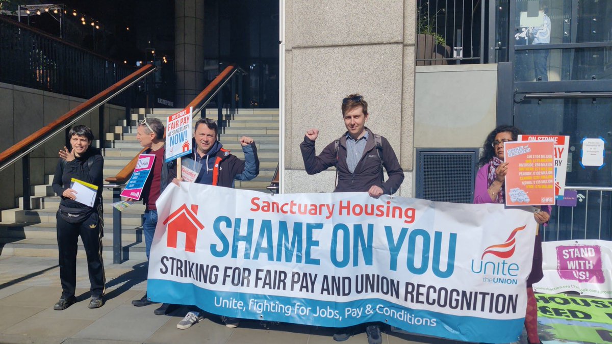 Sanctuary Housing workers at the Social Housing Finance Conference. Workers using foodbanks while Sanctuary refuse to recognise their union. More strikes planned unless management are reasonable. #ukhousing #SHFinance #welcome #housingfinance #housingworkers #JobsPayConditions
