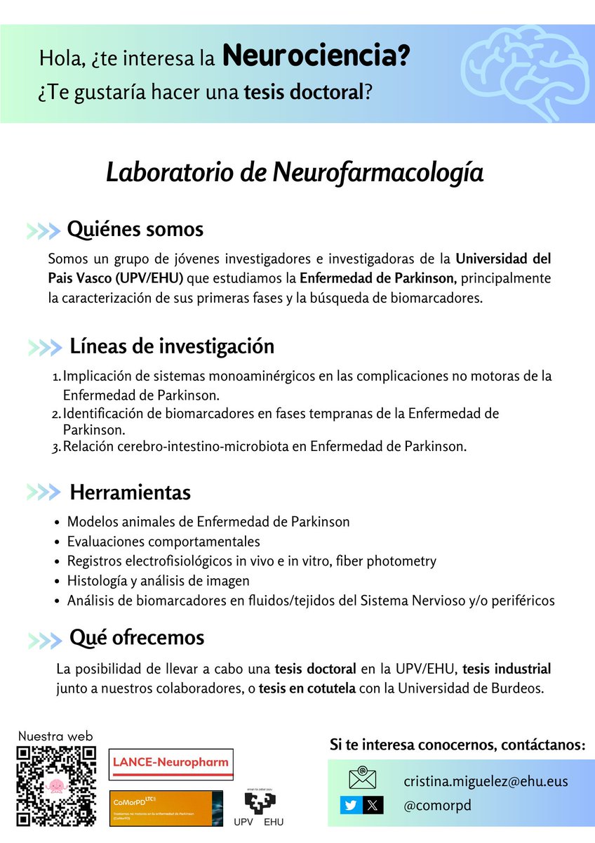 LTC_CoMorPD (@comorpd) on Twitter photo ¡Hola! Si estás pensando en hacer una #tesisdoctoral en #Parkinson 🐭🧠 y quieres vivir en una ciudad en la que llueve muchísimo pero que lo compensa con una gastronomía increíble, ¡te estamos buscando! Escríbenos a cristina.miguelez@ehu.eus con tu CV y hablamos. #oferta ¡Hola! Si estás pensando en hacer una #tesisdoctoral en #Parkinson 🐭🧠 y quieres vivir en una ciudad en la que llueve muchísimo pero que lo compensa con una gastronomía increíble, ¡te estamos buscando! Escríbenos a cristina.miguelez@ehu.eus con tu CV y hablamos. #oferta