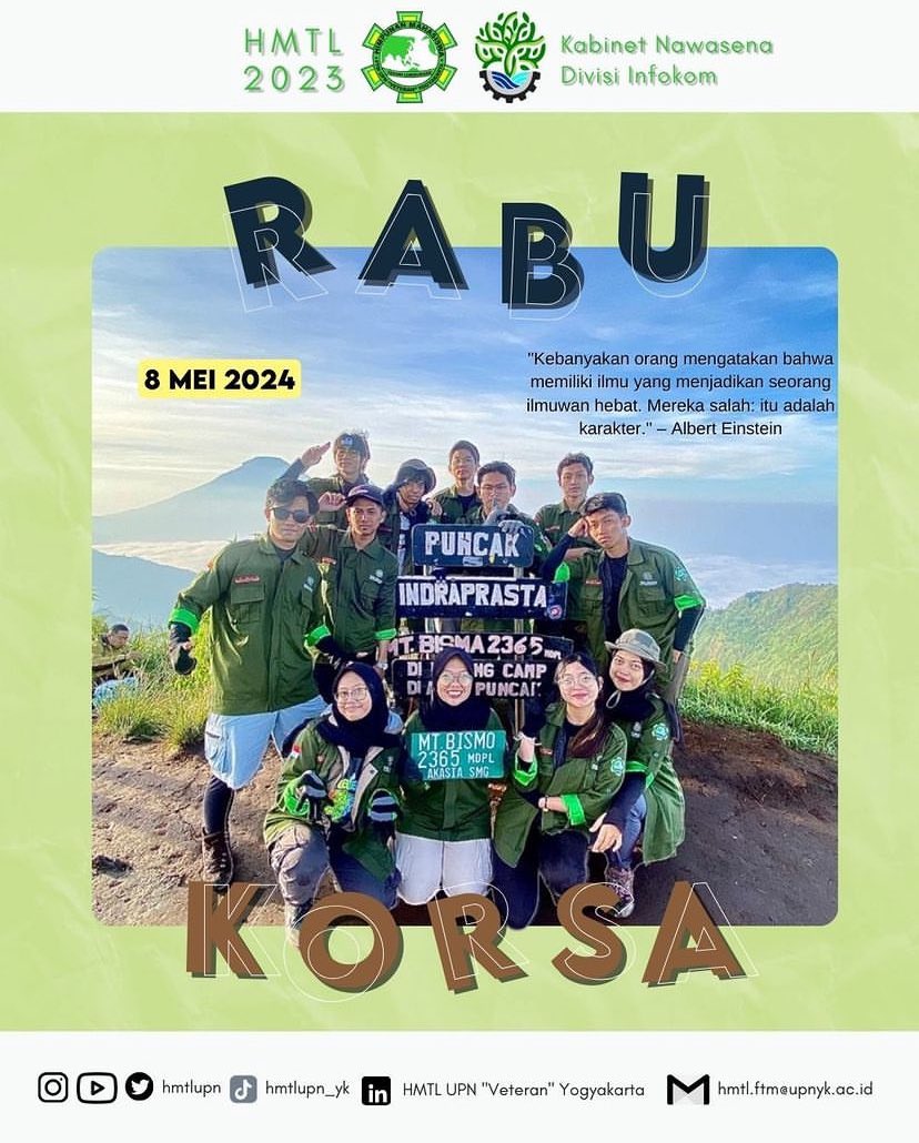 [RABU KORSA]

Fokuslah untuk mencapai tujuanmu, meskipun banyak hal yang menarik dalam perjalanannya.

Jiwa Semangat harus sebanding dengan Jiwa Korsa!

#BersamaBisa
#HMTL2023
#RabuKorsa
#Nawasena