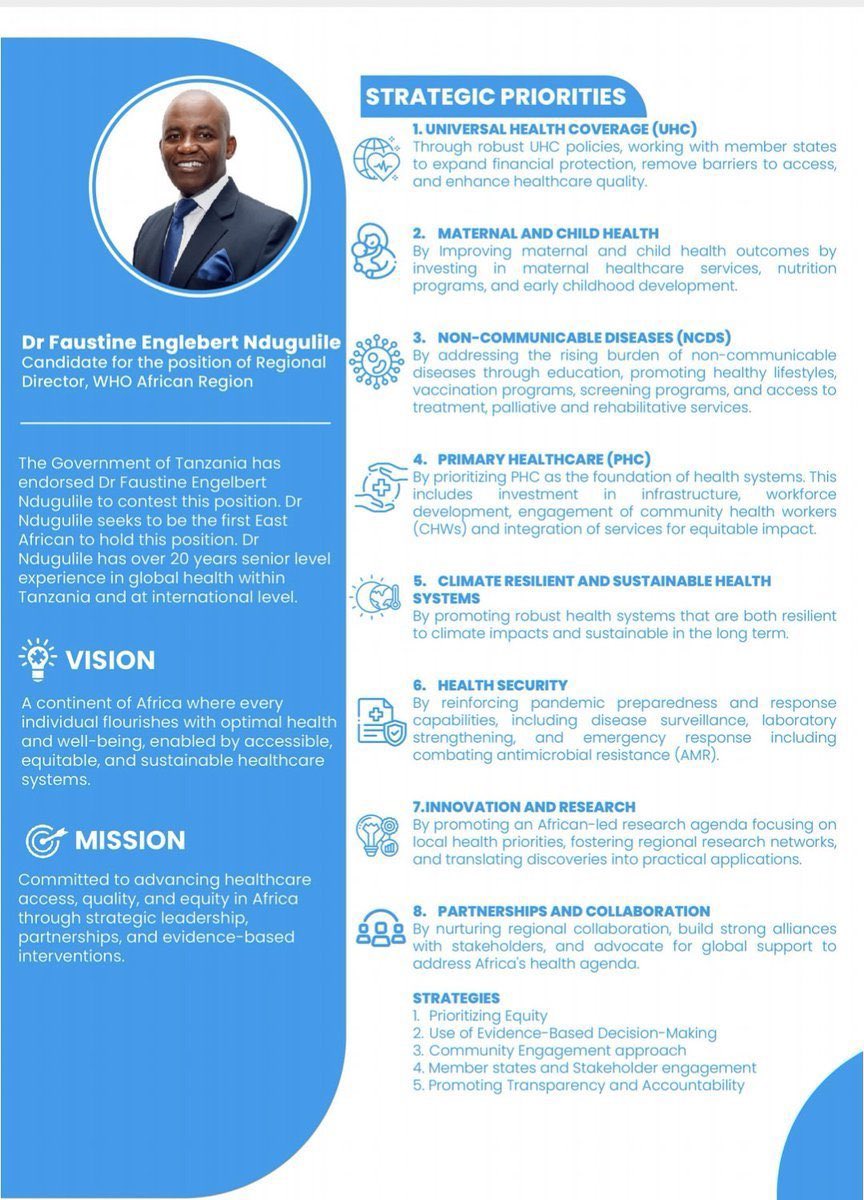 Tanzania endorses Dr. @DocFaustine for @whoafro Regional Director candidature. His 8 strategic priorities will make health systems in Africa to be more resilient. #WHOAFRO #VoteTanzania 🇹🇿