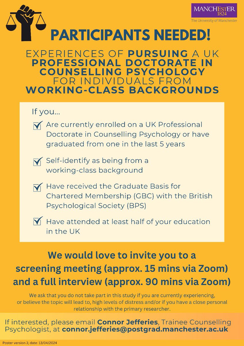 Social Class Researcher in Counselling Psychology (@psysocialclass) on Twitter photo We’re still recruiting! If you’re interested in taking part, please email me at Connor.Jefferies@postgrad.manchester.ac.uk
We look forward to hearing from you!
<a href="/LauraAnneWinter/">Laura Anne Winter</a> <a href="/dcopuk/">DCoP</a> <a href="/BPSOfficial/">British Psychological Society</a> <a href="/UoMCounsPsych/">UoM Couns Psych Doc</a> #research #socialclass #workingclass #DCounsPsych #DPsych We’re still recruiting! If you’re interested in taking part, please email me at Connor.Jefferies@postgrad.manchester.ac.uk
We look forward to hearing from you!
<a href="/LauraAnneWinter/">Laura Anne Winter</a> <a href="/dcopuk/">DCoP</a> <a href="/BPSOfficial/">British Psychological Society</a> <a href="/UoMCounsPsych/">UoM Couns Psych Doc</a> #research #socialclass #workingclass #DCounsPsych #DPsych