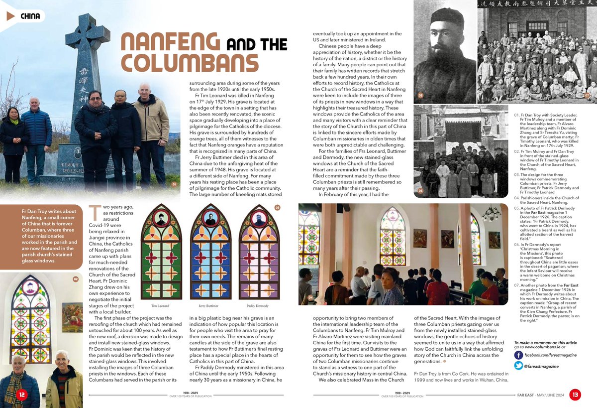 In the current issue of the Far East, Fr Dan Troy writes about #Nanfeng, a small corner of #China that is forever #Columban, where three of our #missionaries worked in the parish and are now featured in the parish church’s stained glass windows. Subscribe: columbans.ie/far-east-magaz…