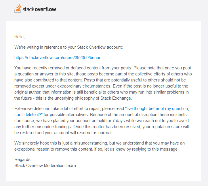 LOL. @StackOverflow mods are experiencing some frustration as several users have been deleting their answers since the announcement with @OpenAI partnership. As a result, they have started suspending accounts that engage in this behavior. It's important to note that the 'right to