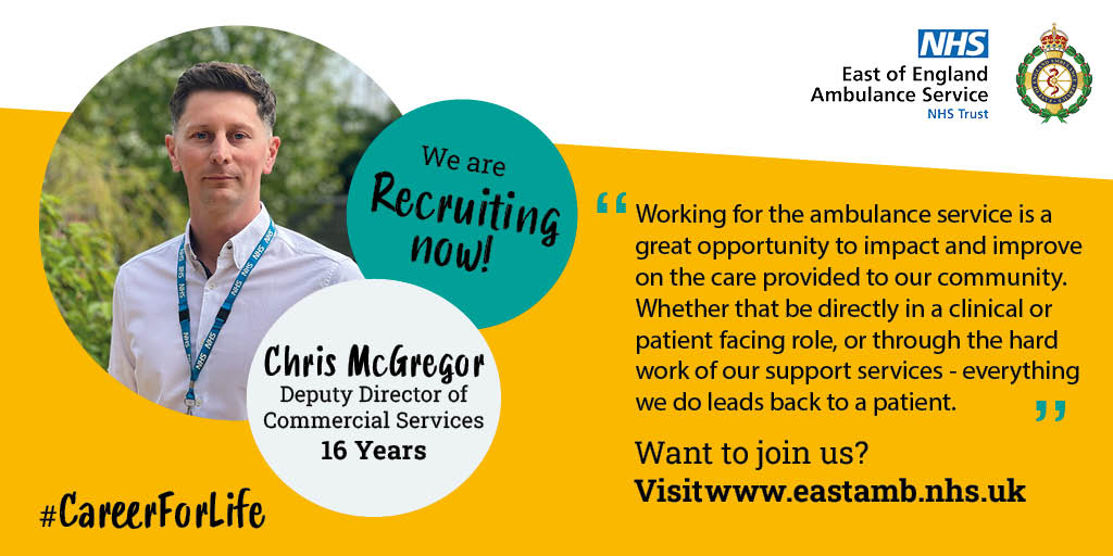 Chris McGregor is deputy director of commercial services and joined as a student paramedic back in 2008. 'It is a privilege to provide care for someone when they need it most.' Read more about Chris' #CareerForLife: eastamb.nhs.uk/join-the-team/…