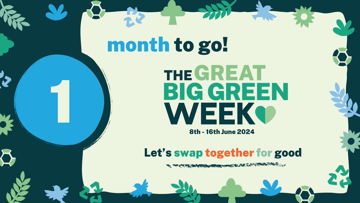Just one month to go until the #GreatBigGreenWeek. 🍃🐝💚 Between 8th and 16th June, people up and down the country will come together in a wave of action to protect the planet. Let’s #SwapTogether for good. 💪 Find a local event near you. 👉 greatbiggreenweek.com