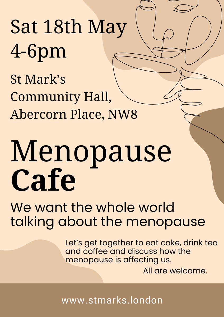 St Mark's (@StMark_HT) is holding its first ever Menopause Cafe on Sat 18th May, 4-6pm in the Community Hall. Reserve your place here: eventbrite.co.uk/e/menopause-ca… @CompCommunities @area_two @dioceseoflondon #Menopause #MenopauseCafe
