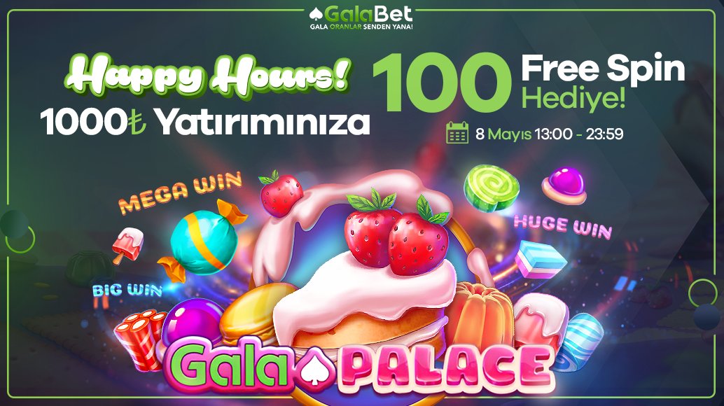 🔔 GalaBet'te Happy Hours başladı! ⏰ 13:00-23:59 saatleri arasında 1000₺ yatırımınıza Gala Palace oyununda geçerli 100 Free Spin Hediye! Üstelik Kazanç Sınırı Yok! ♠️ Hemen katılmak için tıklayın! kisalt.gg/GalaTwitter