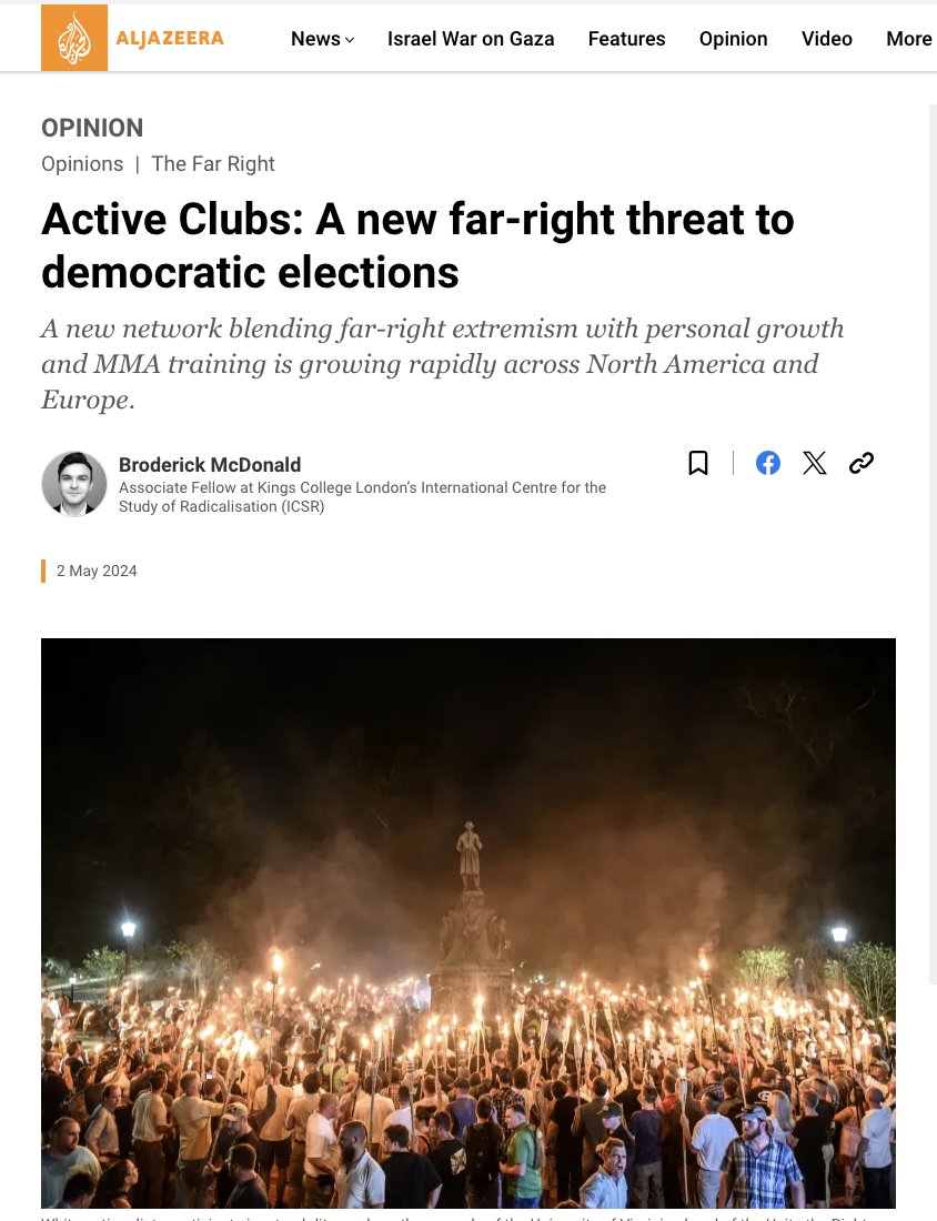 Excited to share my new article in Al Jazeera on far-right threats to #US elections as President #Trump seeks a second term 🗳 What makes the #ActiveClubs Movement so unique and what we can to do counter it? Have a read below ⬇️ aljazeera.com/opinions/2024/…