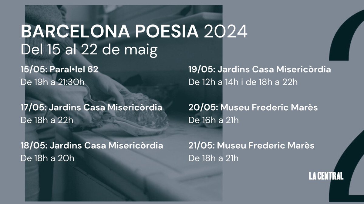 💥TORNA BARCELONA POESIA! Del 15 al 22 de maig gaudeix de una setmana de poesia amb recitals, concerts i molt més! Trobaràs una parada de La Central amb llibres de poetes que formen part del cartell d’aquesta edició. 🧶👇Tota la programació: lacentral.com/agenda/barcelo…