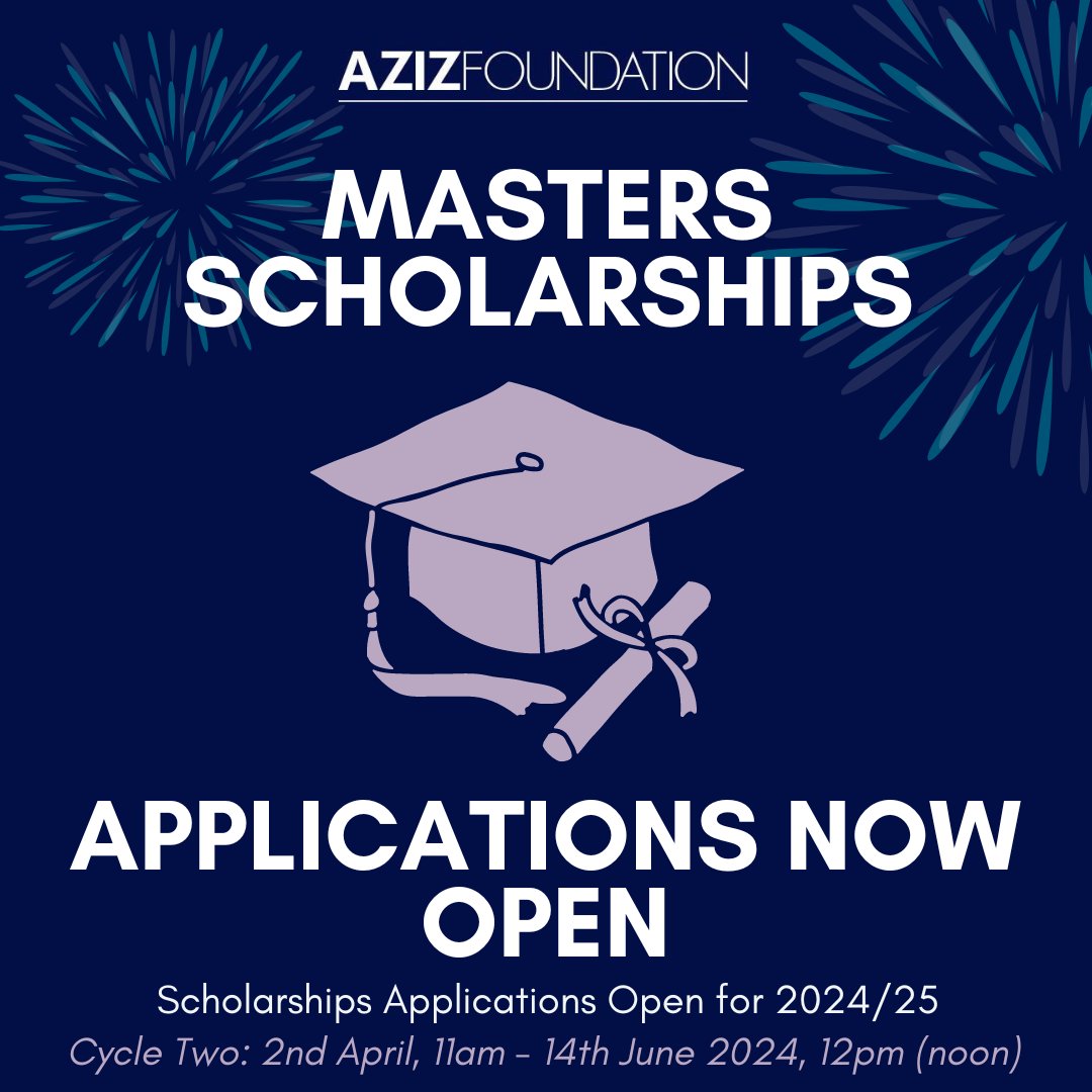 Applications for Aziz Masters Scholarships are open!🎉 

Start your application today✍️

The deadline to submit applications for cycle two is
Friday 14th June, 12pm🗓️🕛

Visit our website to find out more and to apply 
👉 azizfoundation.org.uk/scholarships-a…
