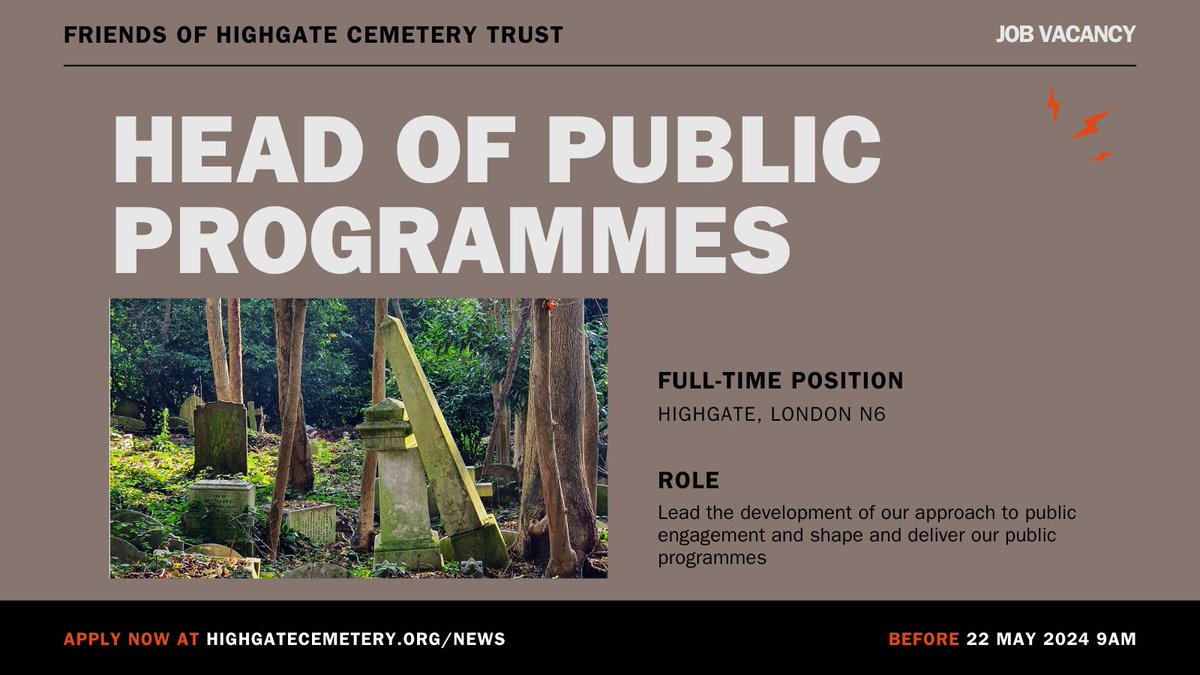 We're looking for a Head of Public Programmes!  A new position with funding from the National Lottery Heritage Fund.  
Go to highgatecemetery.org/news for information. 
Apply by 9am 22 May 2024.
Please retweet. We welcome applications from candidates with diverse backgrounds.