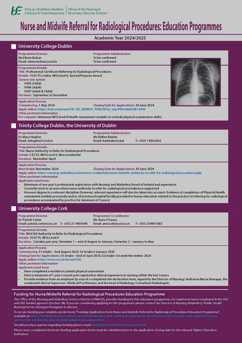 ONMSD have developed a new application process for Nurse and Midwife Referral for Radiological Procedures standalone Education Programme which includes an electronic funding application form available here: shorturl.at/bjtM6 Queries: fundingnursemidwife.referral@hse.ie