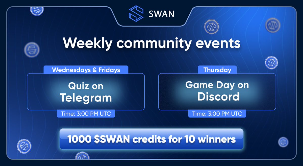 🎮Weekly Events! Quizzes (Wednesdays & Fridays) & Games (Thursdays) to test your knowledge & have a blast! 📍Platforms: Quizzes on Telegram, Games on Discord ⏰ Time: 3 PM UTC for both events Top 10 winners each event share a 1000 $SWAN prize pool! Fun starts TODAY (May 8th)…