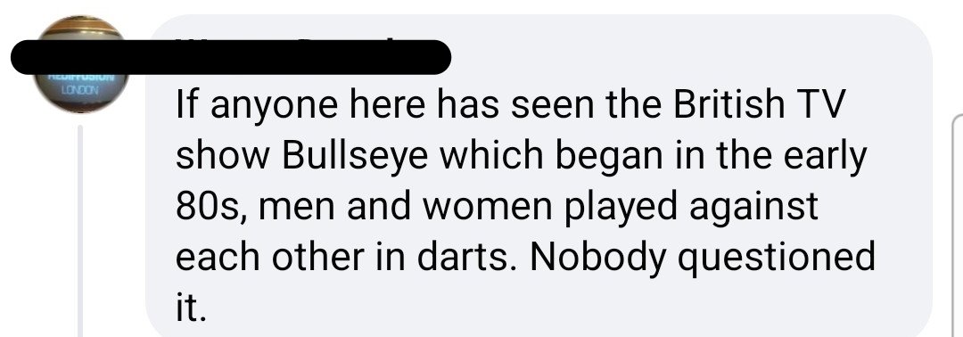 We can stop worrying about men entering women's darts competitions because they should win a speedboat or something. This was from Pink News' Facebook page. 🤣🤣
