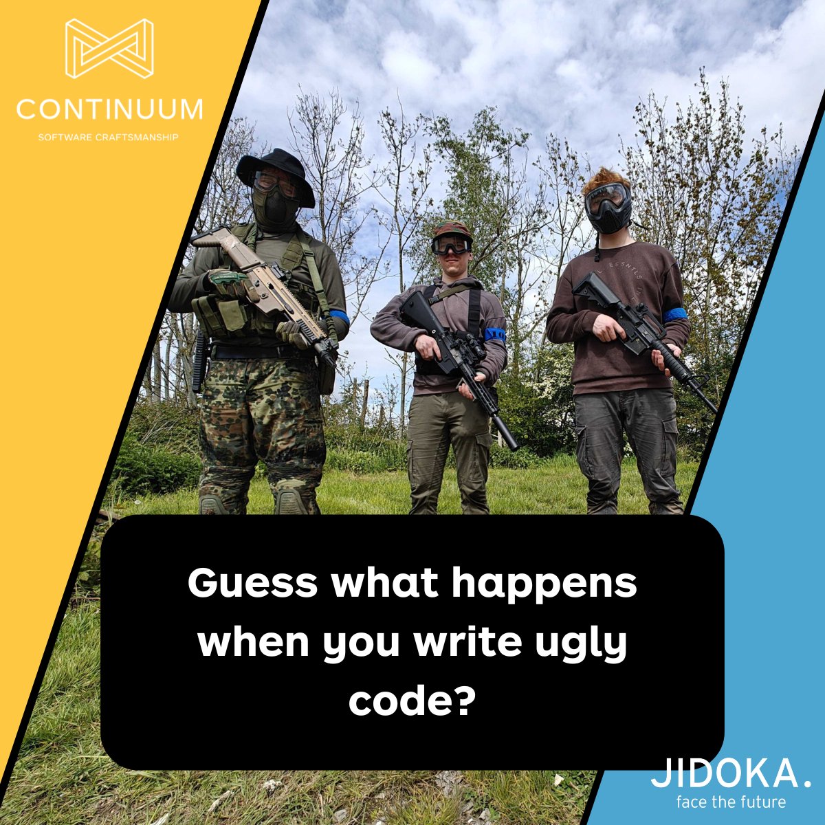 continuumbe's tweet image. As the sun rose on the battlefield, or rather the local paintball arena turned into an airsoft warzone, the fearless warriors of code, our team of developers, geared up for a day of epic battles and &quot;questionable&quot; aim.
#airsoft #cleancode #softwarecraftsmanship