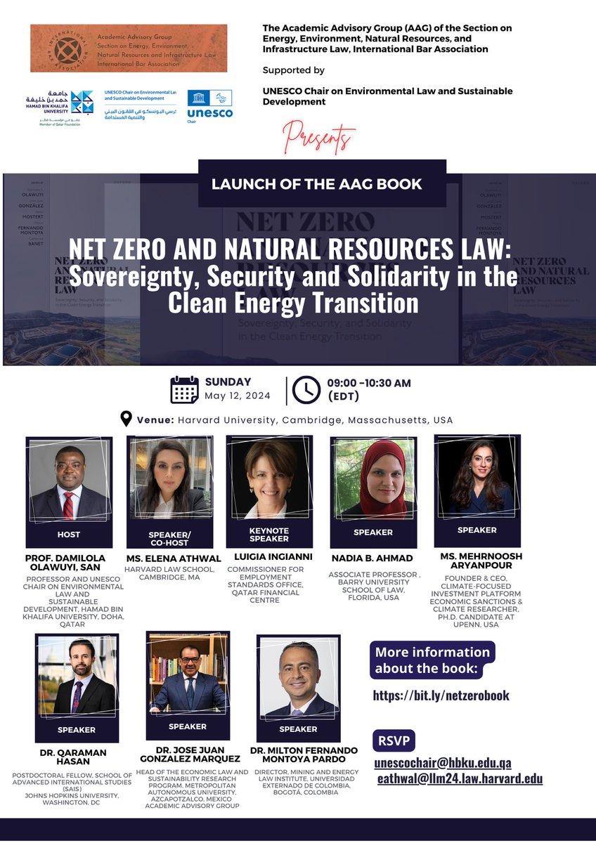 Join the North American Launch of the book: Net Zero and Natural Resources Law @OUPAcademic on May 12, 2024 at @Harvard University. More information about the book: global.oup.com/academic/produ… #esg #energy #sdgs #naturalresources #SustainableEnergy