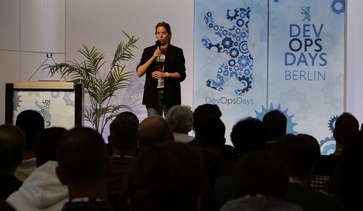 blndevops's tweet image. Christina Kraus at stage at #devopsdaysberlin answering the question: &quot;We are building a Platform but will it be adopted?&quot;
