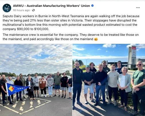 The dispute at the Saputo factory in Burnie continues. Workers are fighting for pay parity with their mainland colleagues. @theamwu estimated Tuesday’s industrial action was a $90,000-$100,000 hit to the company due to wasted product.  #ausunions