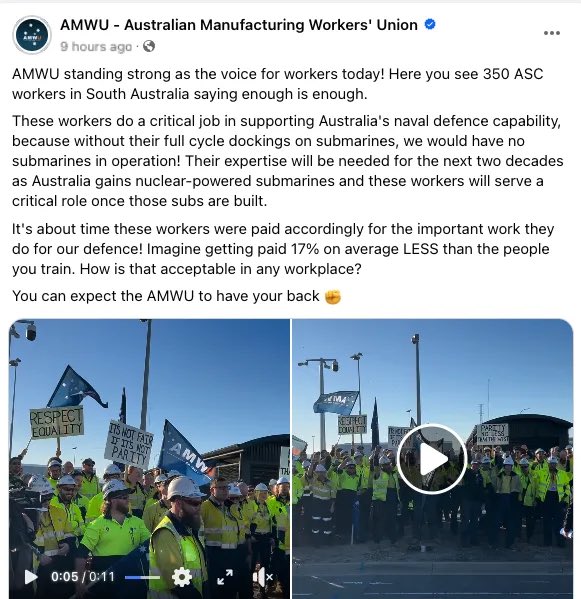 Workers at ASC (Osborne Naval Shipyard) walked off the job on Monday (6 May).  The workers are seeking a 17% pay increase to reach pay parity with their Western Australian colleagues. @theamwu has indicated that members are prepared to undertake rolling stoppages. #ausunions