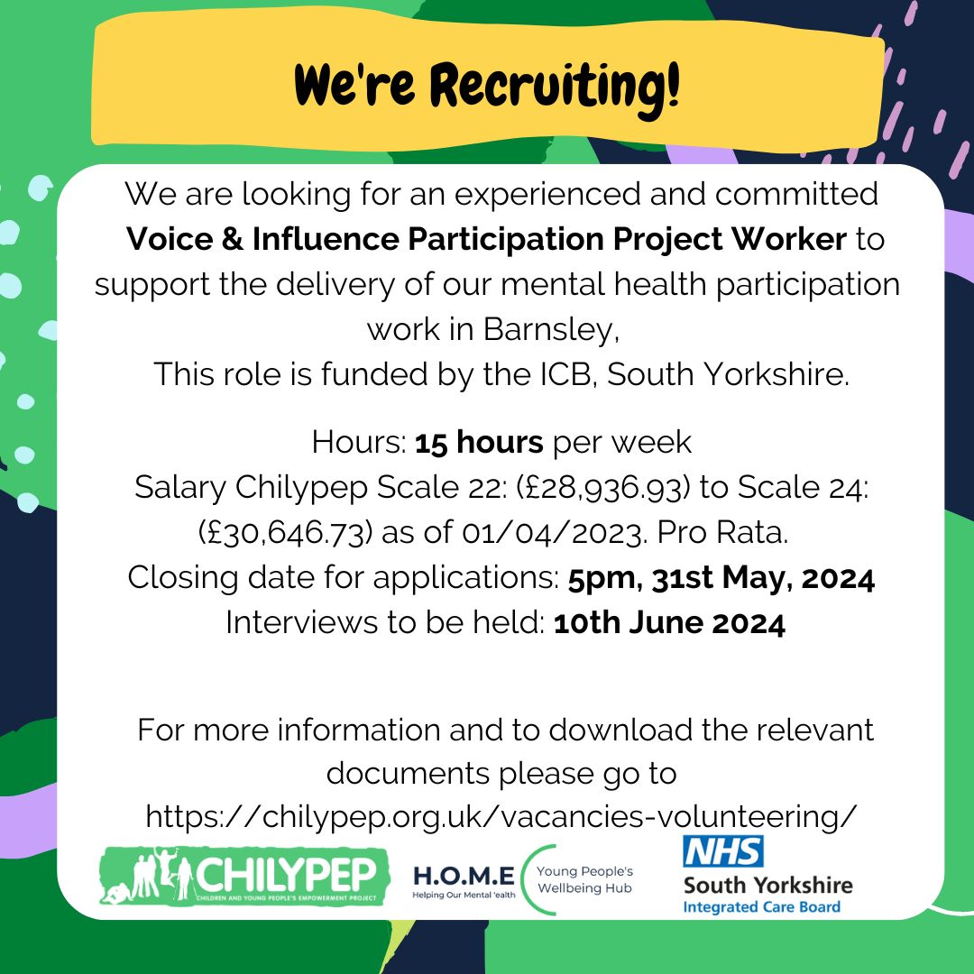 Exciting news! Chilypep are recruiting! We are looking for a Voice & Influence Project Worker to support the delivery of our mental health participation work in Barnsley 📣 Applications close 31st May- get yours in now! 🌟 chilypep.org.uk/vacancies-volu…