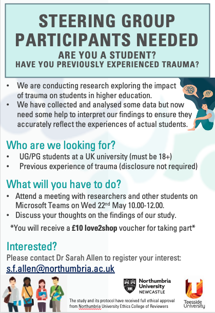 As we approach the end of our research project exploring trauma in students, we want to discuss the interpretation of our findings with students themselves. We are running an online steering group meeting next Wednesday and are looking for volunteers. See below. Thank you.