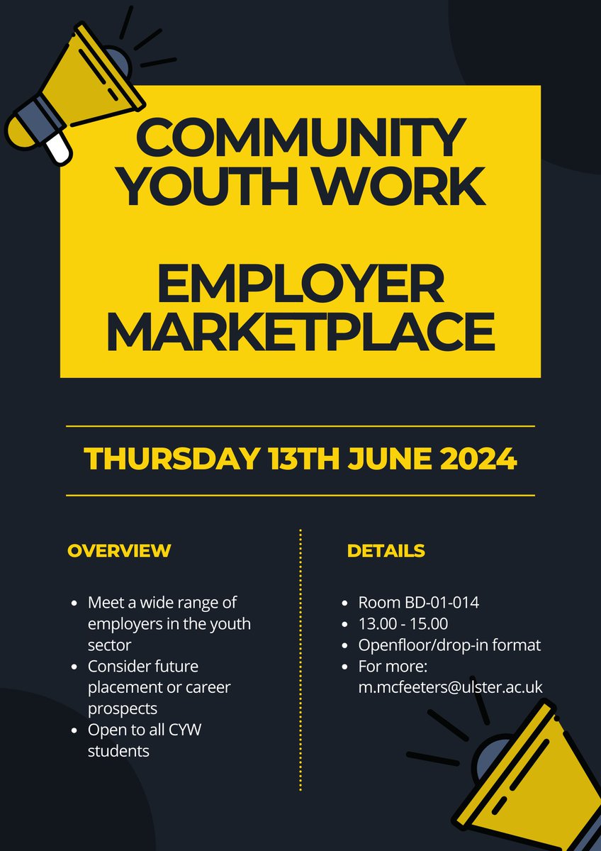 📣 Calling all placement providers & employers in the youth sector…we would love to invite you to our annual employer marketplace 👇🏼 If you’re interested in attending & meeting with current CYW students, please contact m.mcfeeters@ulster.ac.uk 😊