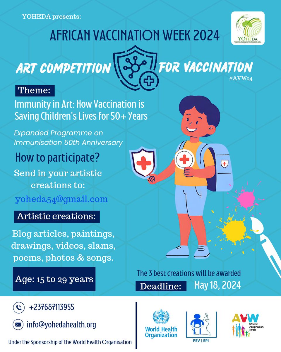 The Arts Competition for the African Vaccination Week is back!🥳In 2023, we were thrilled by the amazing creations of young Cameroonians across the different art forms. 
Are you passionate about advocating for health through your artistic talents? Then this is for you.
#AVW2024