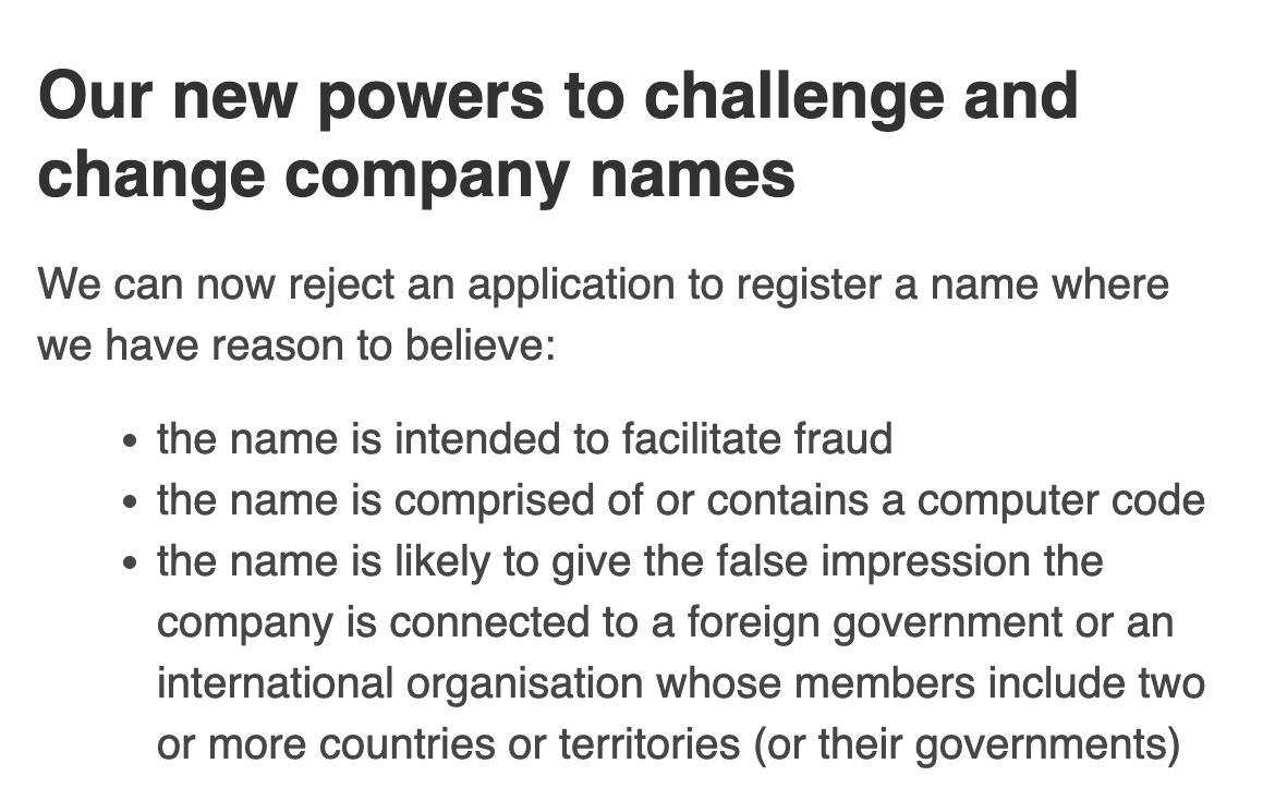 @CompaniesHouse has new powers to challenge company names.

One rule, is the company name cannot be 'comprised of or contains a computer code'

What do @CompaniesHouse  defines as 'a computer code' 

Any examples?