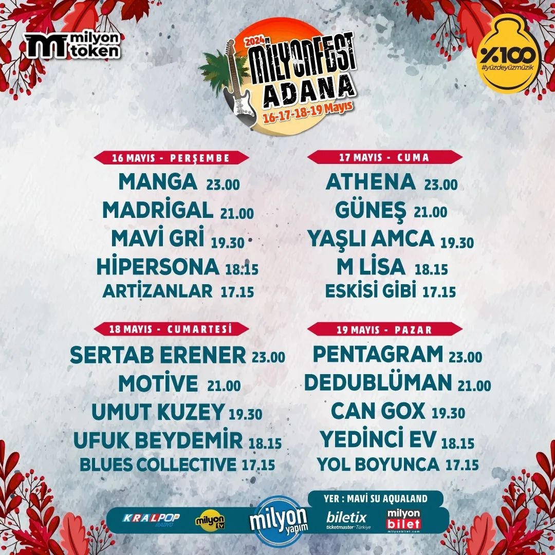 Bu yıl Milyonfest bir ilk ile Mavi Su Aqualand'da! 16-17-18-19 Mayıs'ta yapılacak festivalde yerinizi almak için biletlere milyonbilet.com, Biletix ve Milyonbilet App'den ulaşabilirsiniz. . #milyonfest #milyonbilet #milyonfestadana #umutkuzey #biletix #kralpop #adana