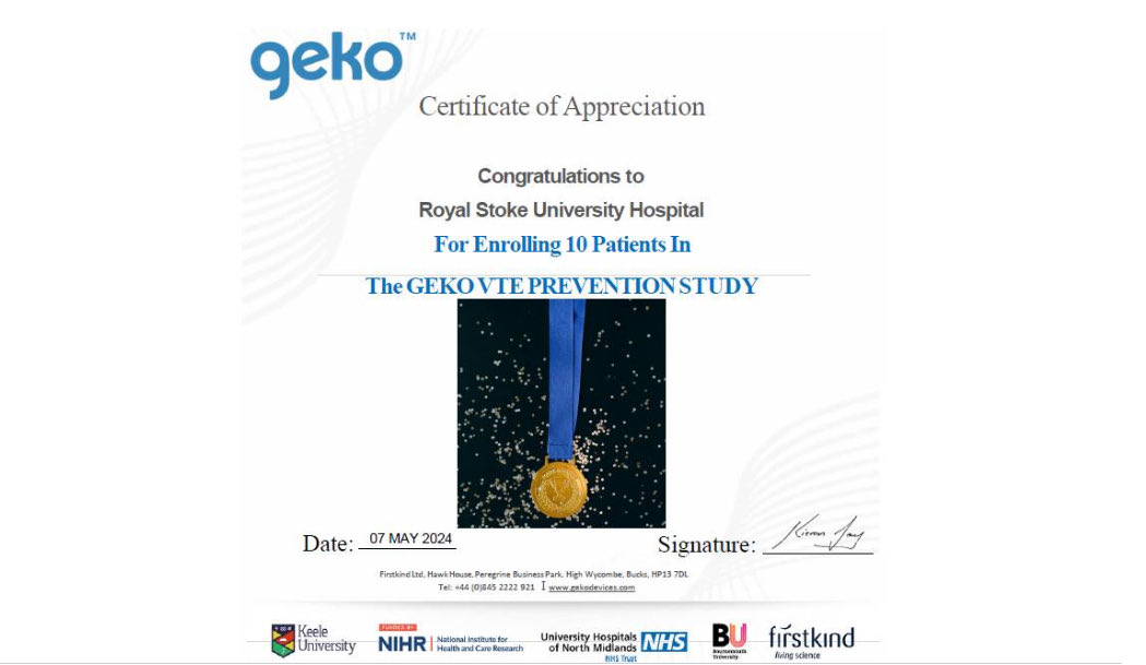 First 10 patients randomised to the Geko RCT congratulations to all involved great team effort ⁦@UHNM_Imaging⁩ ⁦@UHNM_NHS⁩. This little device could change the mx of DVT prophylaxis.